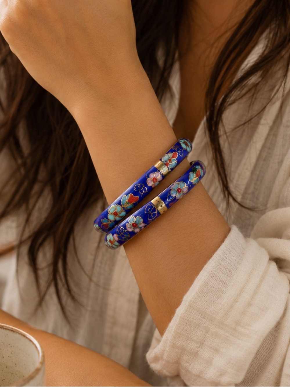 Vintage Chinese t Bangle Bracelets Set of 2 Cobalt Blue Floral Enamel